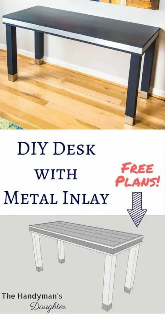 Make this wood and metal desk for your home office! This simple desk design is perfect for highlighting the metal inlay and feet. Get the free woodworking plans at The Handyman's Daughter! | DIY desk | desk inspiration | home office idea | building plans