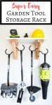 Get those garden tools off the garage floor! This super simple garden tool storage rack can hang everything from your weed whacker to leaf blower on one compact rack, with even more storage above! Get the tutorial at The Handyman's Daughter! | garden power tools | landscaping tools | gardening | garage storage | shed storage | garage organization | shed organization