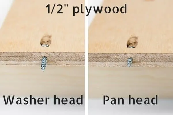 comparison of pan head and washer head screws in pocket holes of ½" plywood