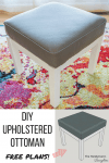 white ottoman with gray leather cushion, with 3D model of DIY ottoman plan
