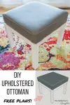 white ottoman with gray leather cushion, with 3D model of DIY ottoman plan