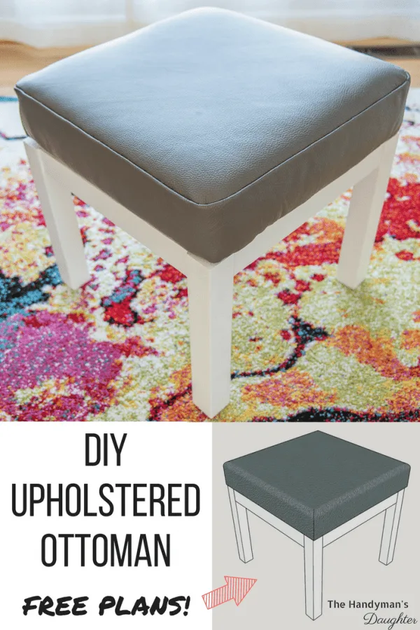 white ottoman with gray leather cushion, with 3D model of DIY ottoman plan