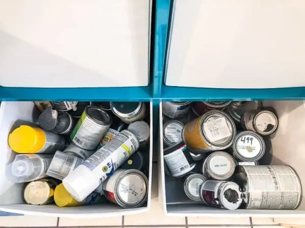 Two fabric bins filled with paint samples