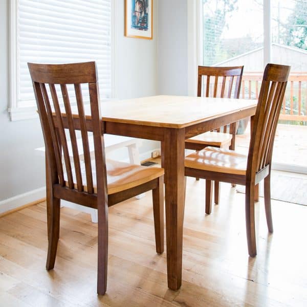 dining table set with two toned wood stain