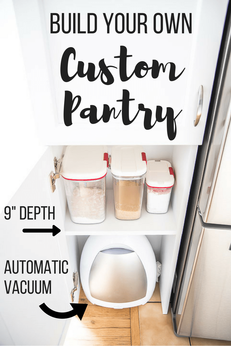 how to build a pantry - open pantry door with organized supplies and automatic vacuum inside