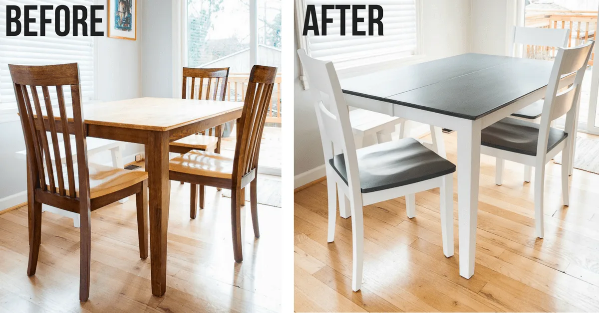 before and after refinishing dining table