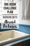 almond bathtub with text overlay "One Room Challenge Plan - Working with Almond Fixtures"