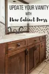 bathroom vanity with dark brown cabinet doors, limestone countertop and stone mosaic backsplash with text overlay reading "Update Your Vanity with New Cabinet Doors"