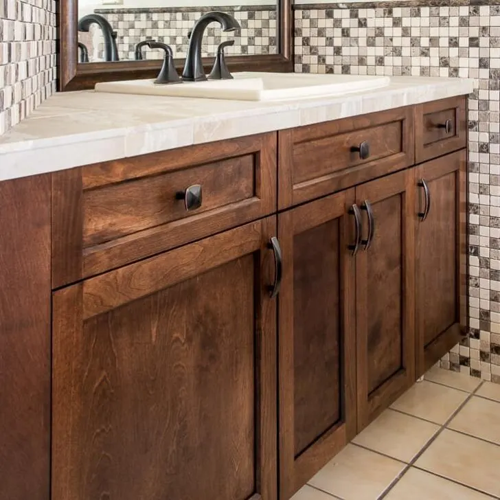 bathroom vanity with new cabinet doors stained with General Finishes Java gel stain