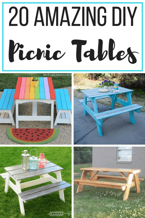 collage of four DIY picnic tables