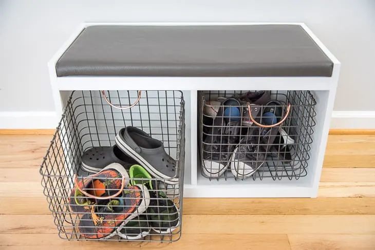 DIY shoe cubby bench with bin pulled out