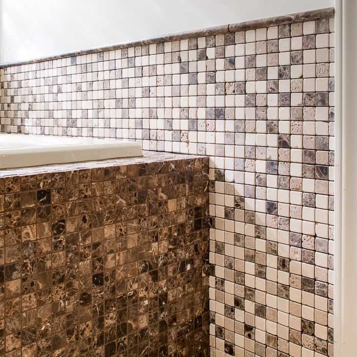 Almond Bathroom Fixtures, Mosaic Tile Bathtub Surround Ideas
