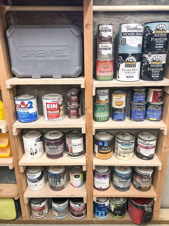 between the studs shelves with paint cans