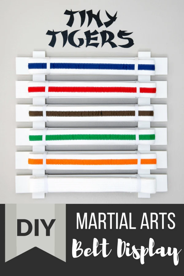 DIY martial arts belt display with text overlay