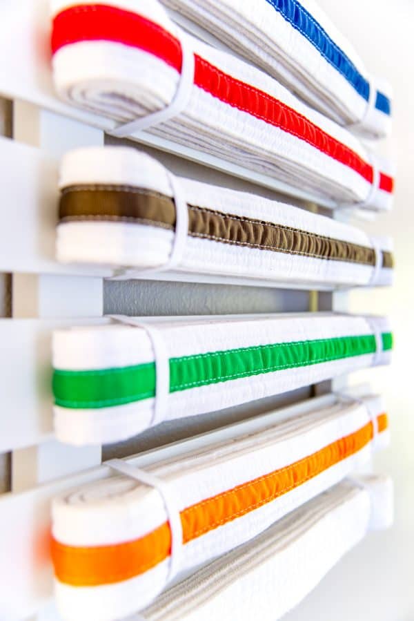 close up view of DIY martial arts belt display