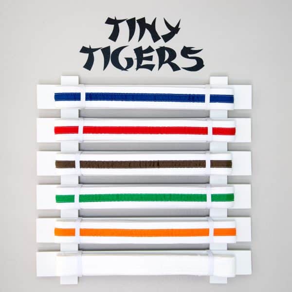 DIY martial arts display with different colored karate belts and Tiny Tigers sign