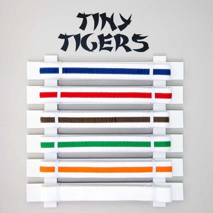 DIY martial arts display with different colored karate belts and Tiny Tigers sign