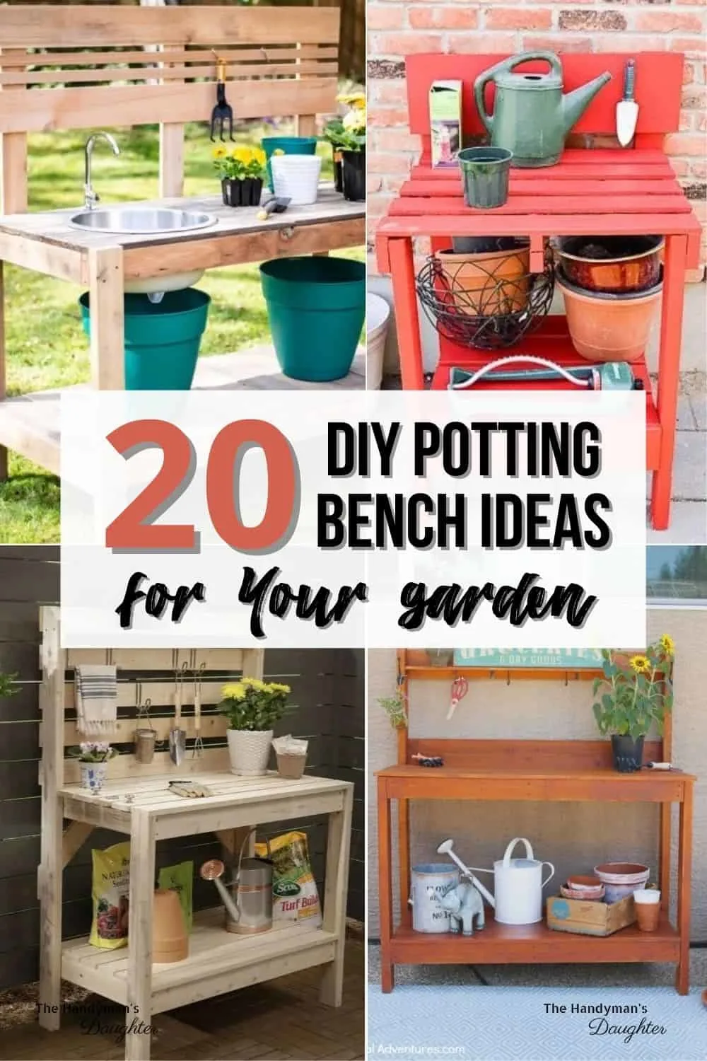 image collage of DIY potting benches
