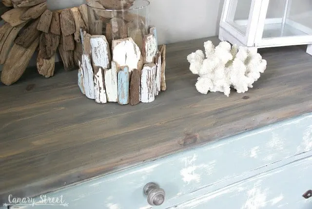 dresser top stained with General Finishes Gray Gel Stain