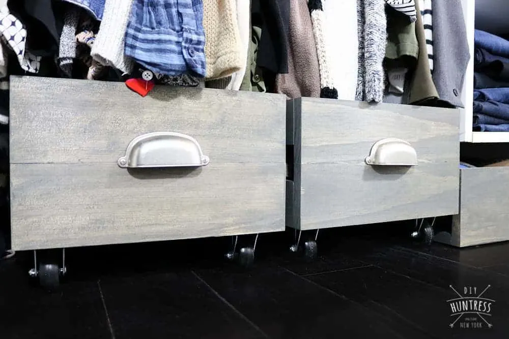 rolling shoe bins using Varathane Carbon Gray stain