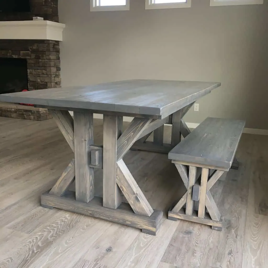 farmhouse dining table using Varathane Weathered Gray stain