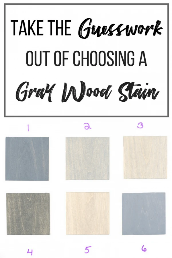 six different gray wood stain samples