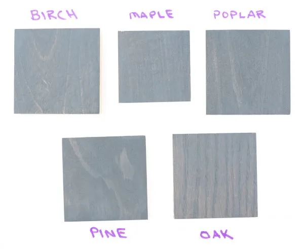 Wood samples with one coat of General Finishes grey wood stain