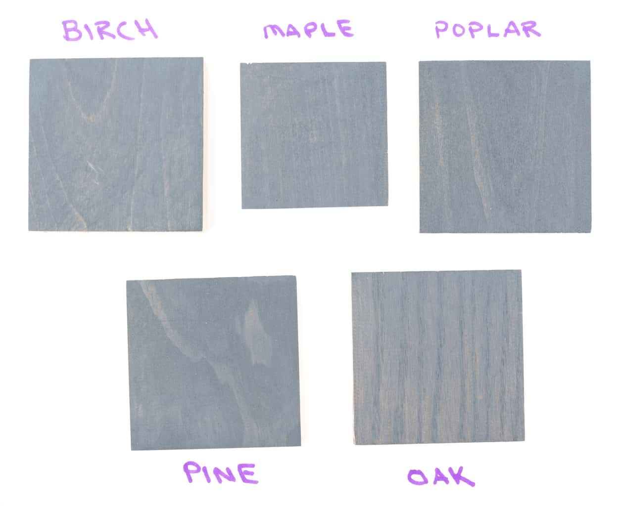 6 Grey Wood Stain Colors on 5 Different Wood Species