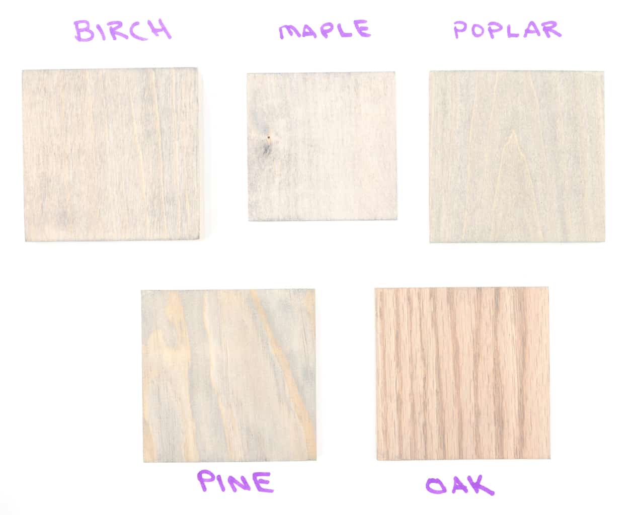 6 Grey Wood Stain Colors on 5 Different Wood Species