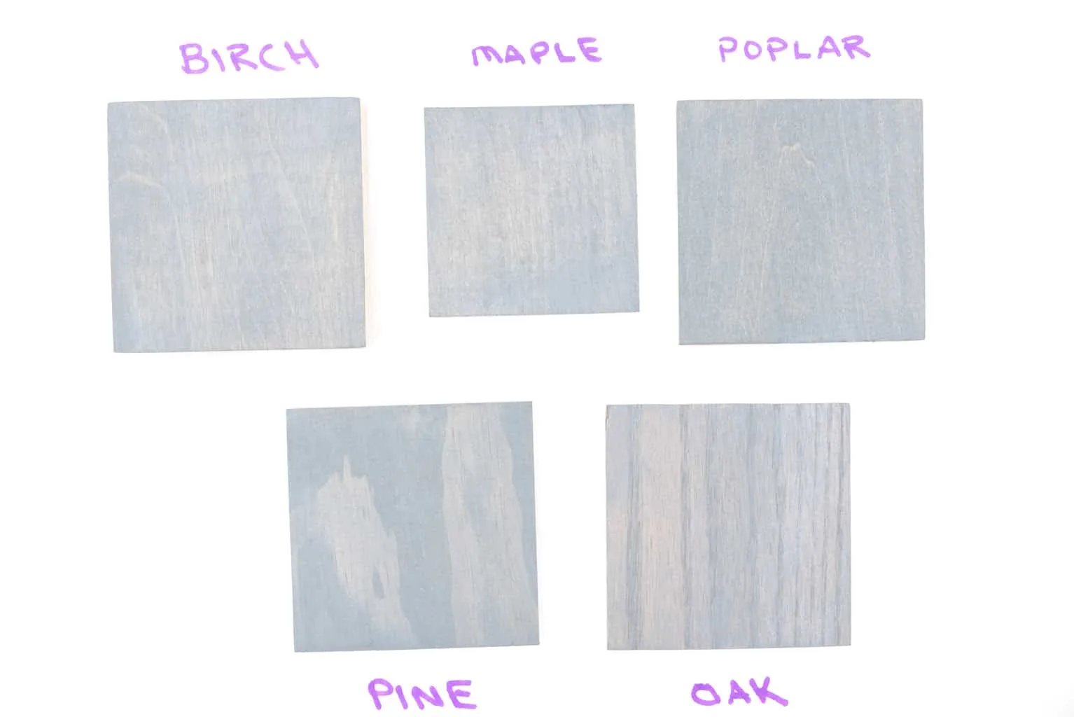 samples of Varathane Weathered Gray stain on various wood species