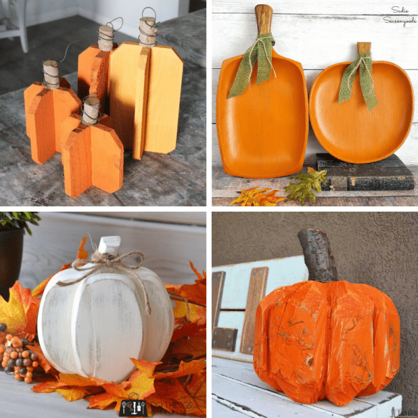 collage of four wooden pumpkin projects