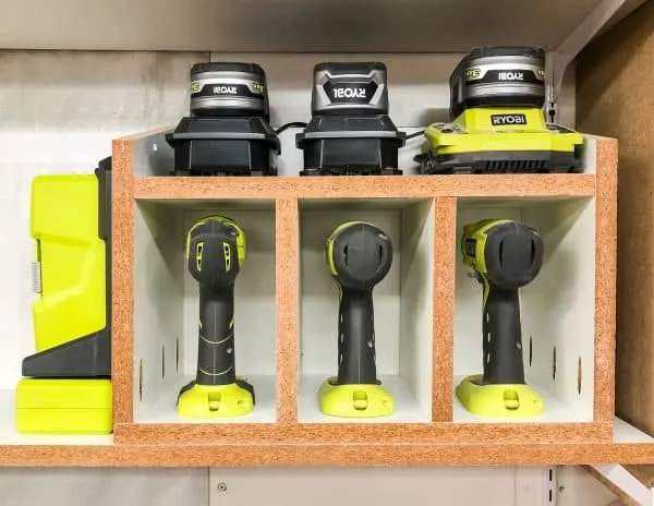 DIY cordless drill storage rack with charger shelf and bit storage