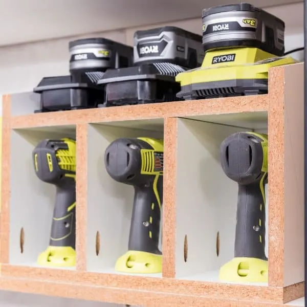 cordless drill storage rack with battery charger shelf