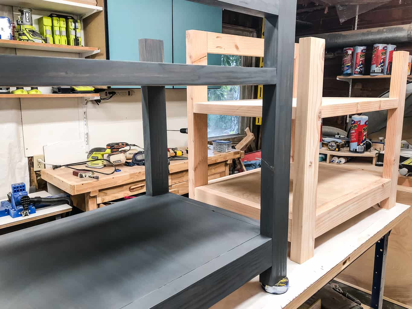 grey wood stain - stained and unstained desk shelves