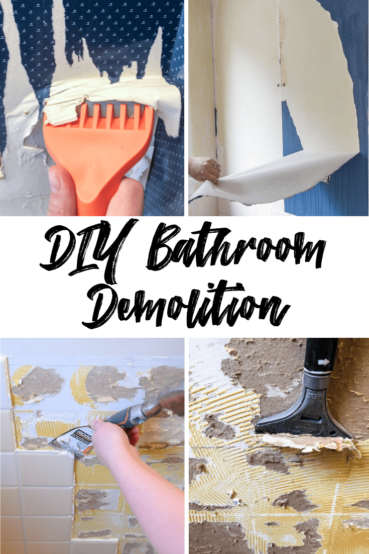 collage of four DIY bathroom demolition pictures