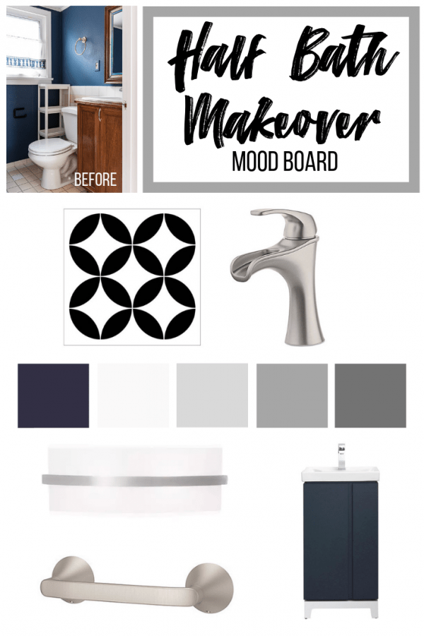 mood board for half bath makeover with small bathroom design ideas