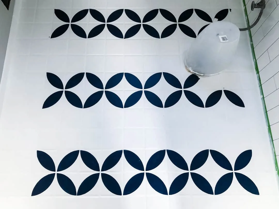 tile floor stencil applied in alternate rows