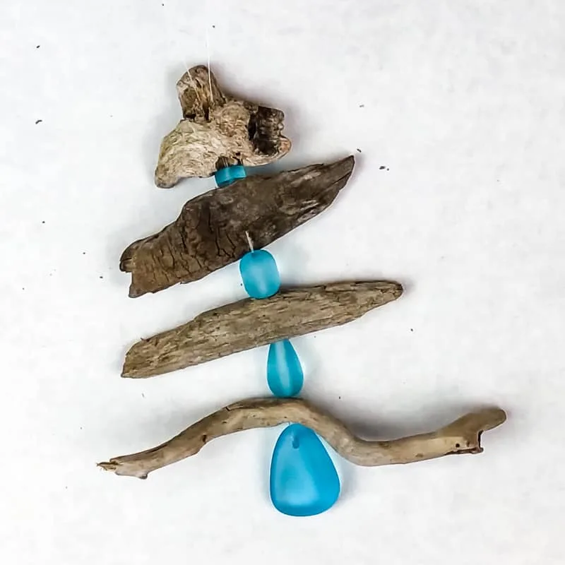 driftwood Christmas tree ornament with beach glass beads