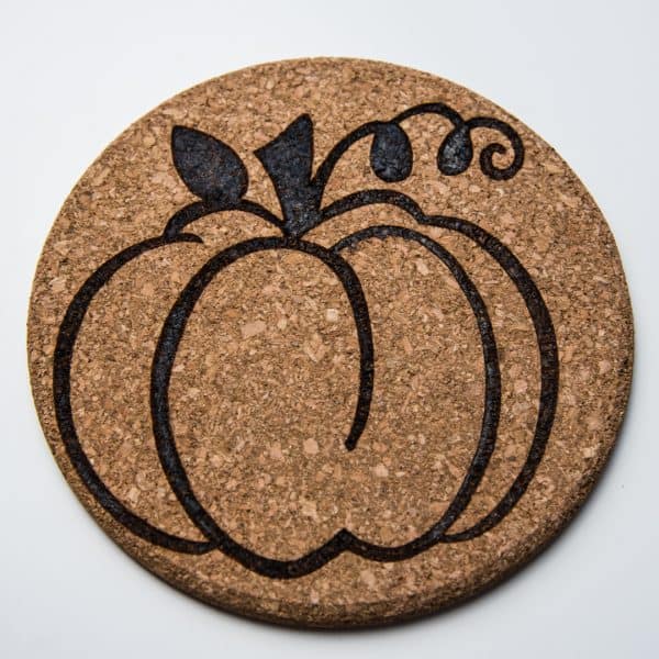 cork trivets with wood burning stencils