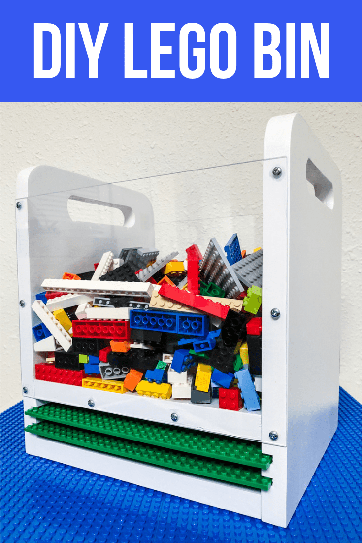 DIY Lego bin with clear sides, built in handles and baseplate storage slots