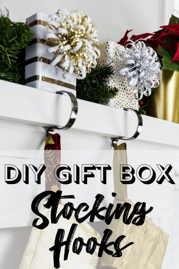 two stocking hooks with gift wrapped blocks with text overlay "DIY Gift Box Stocking Hooks"