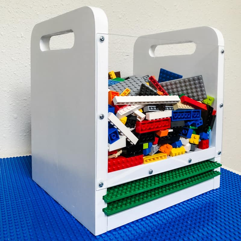 clear sided Lego bin with baseplate storage