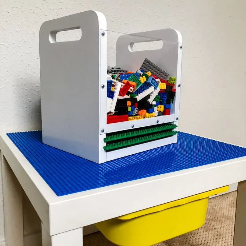 DIY Lego bin on top of DIY Lego table