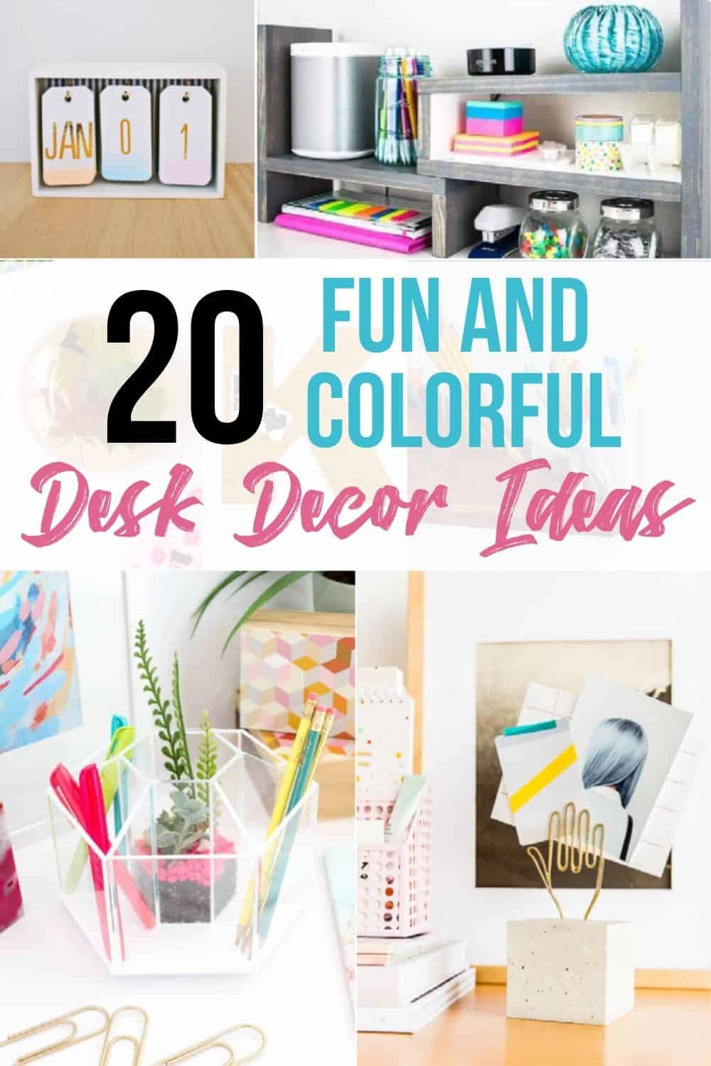 collage of colorful DIY desk decor ideas