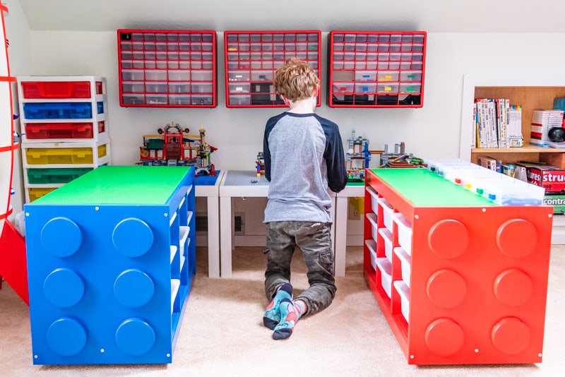 IKEA Lego table with two IKEA Trofast frames that look like giant Lego pieces