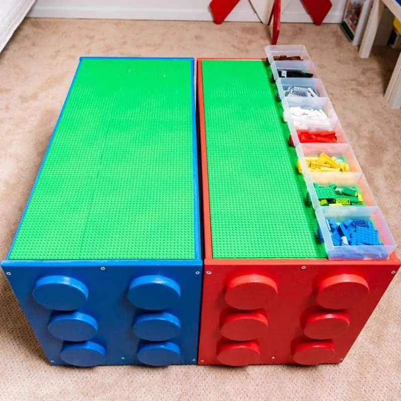 IKEA Lego table hack with sorting bins on top