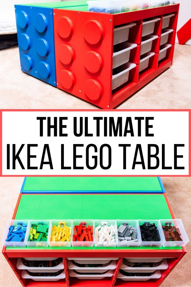 The Ultimate IKEA Lego table with side and top views of IKEA Trofast drawer units made to look like giant Lego blocks