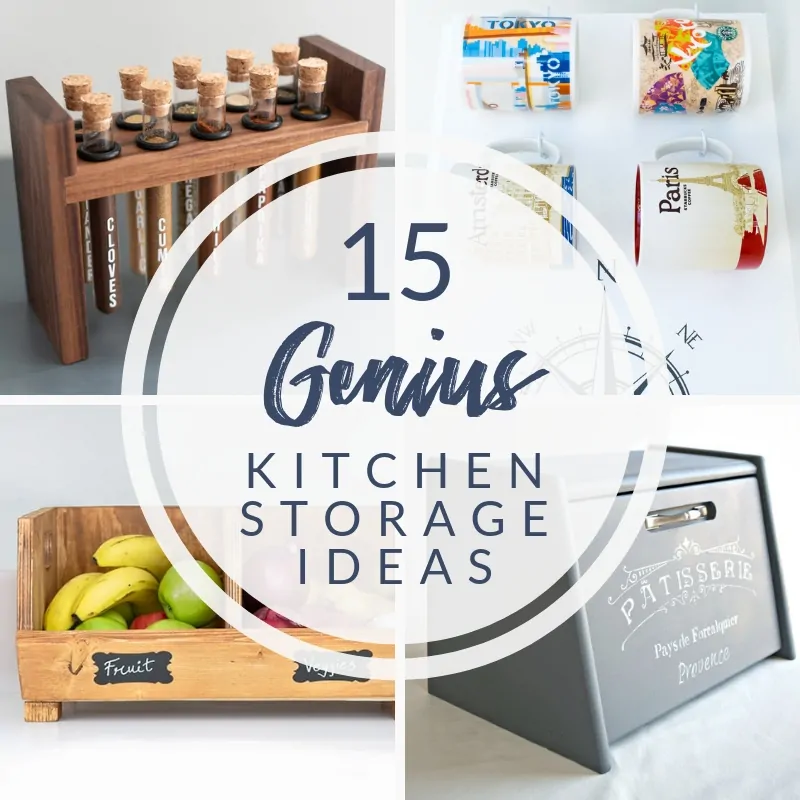 collage of 15 genius DIY kitchen storage ideas