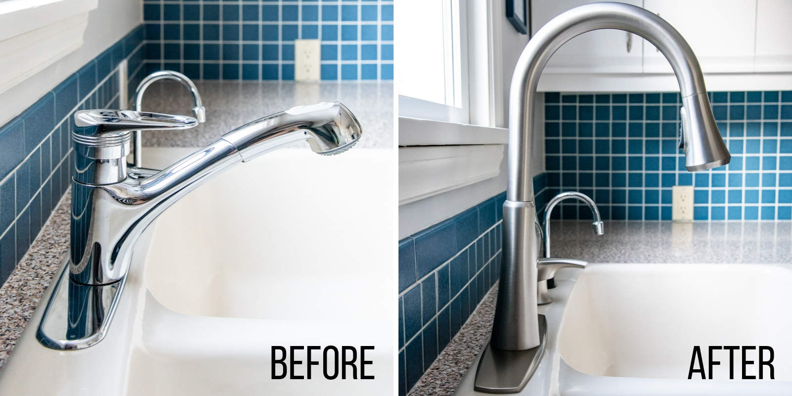 before and after replacing kitchen faucet 