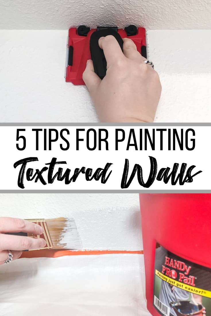 5 tips for painting textured walls with two images of a hand painting a textured wall